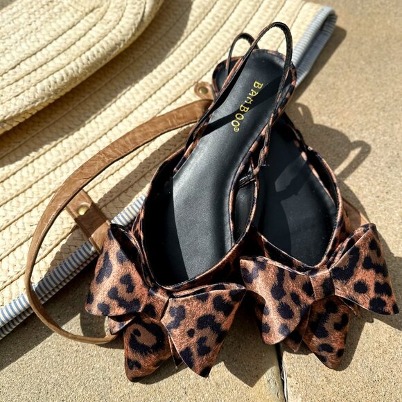 New Leopard Oversized Bow Pointed Toe Slingback Ballet Flat Mules Ballerina Shoe - Picture 3 of 6